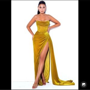 A gold and black velvet evening dress